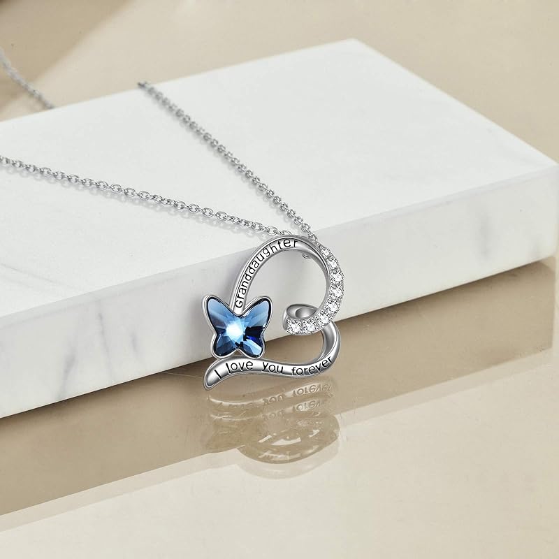Granddaughter/Grandma/Nana/Daughter/Sister Necklace Gifts for Women 925 Sterling Silver with Blue Butterfly Crystal Heart Necklace, Valentine's Gifts for women