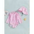 thumbnail image 2 of Nygoyerh Toddler Girls Rash Guard Swimsuit with Hat 2 Pcs Set Plaid Pattern Zip Up Long Sleeve Crew Neck Baby Girls Swimwears Infant Clothing 6M 9M 12M 18M 2T 3T 4T, 2 of 7