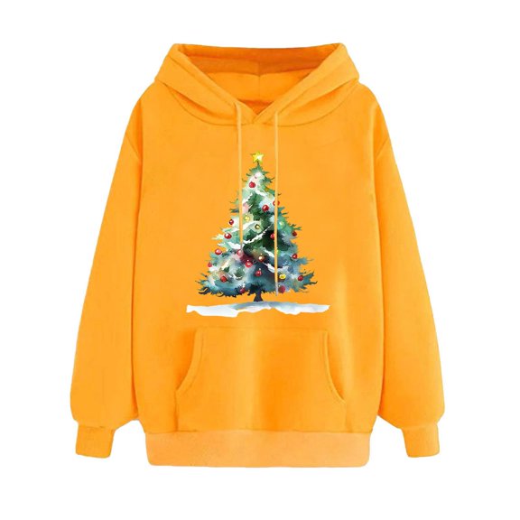 Women's Christmas Tree Print Hoodie Long Sleeve Crewneck Oversized Fall Sweatshirt Holiday 2025 Trendy Top