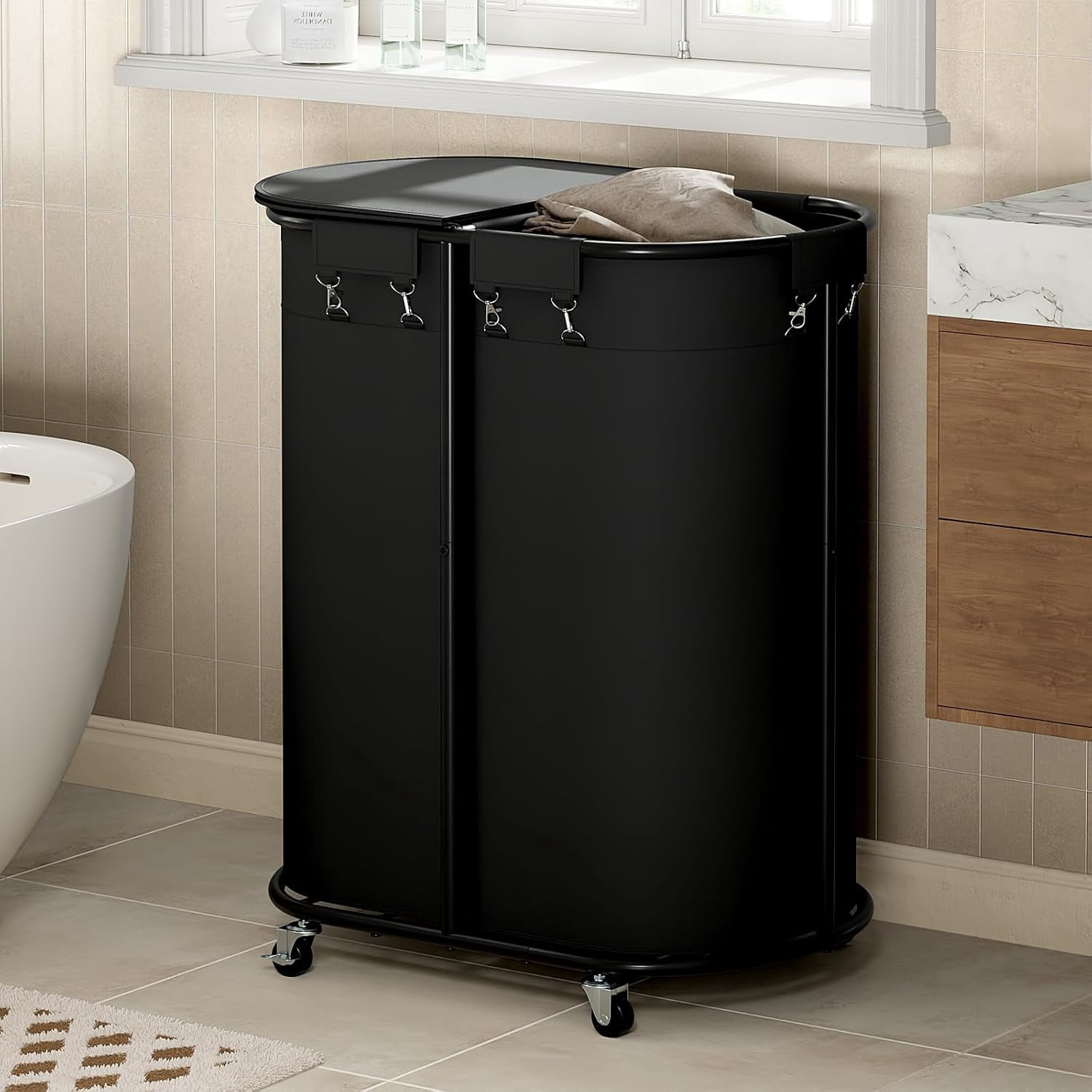 200L Double Laundry Hamper with Wheels and Lid, Large Oval Rolling Basket with Removable Bags, Black