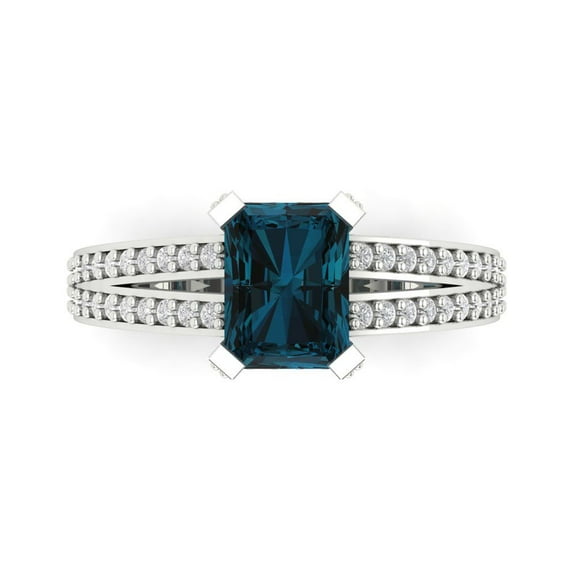 Clara Pucci 14K White Gold Solid Gold LondonBlueTopaz Solitaire with Accents Anniversary Ring for Women - 2.35 cttw Emerald Cut