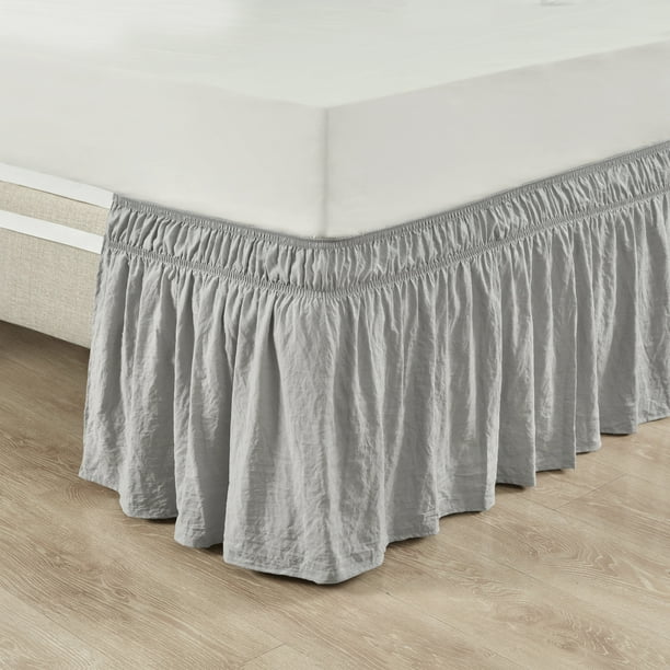 Lush Decor Ruched Ruffle Elastic Easy Wrap Around Bedskirt Light Gray