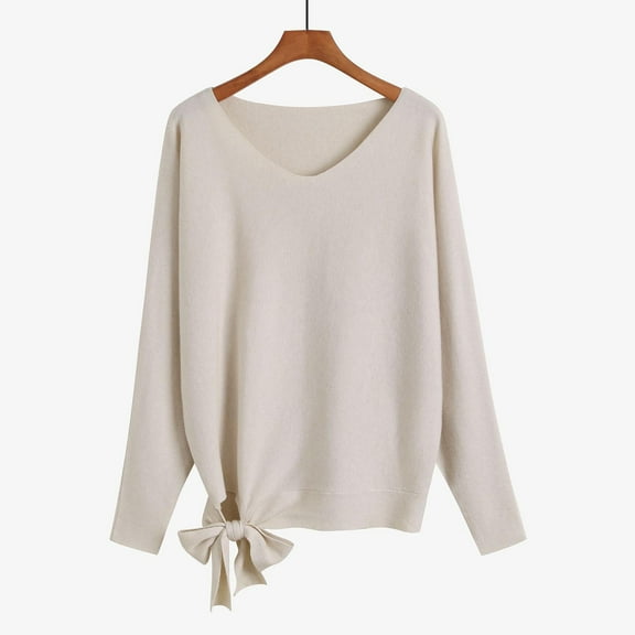 Deal of the Week Ofreoo Women's Solid V-neck Sweater With Loose Drawstring Pullover Knitted Sweater V-neck Sweater Fall Clothes for Women 2024