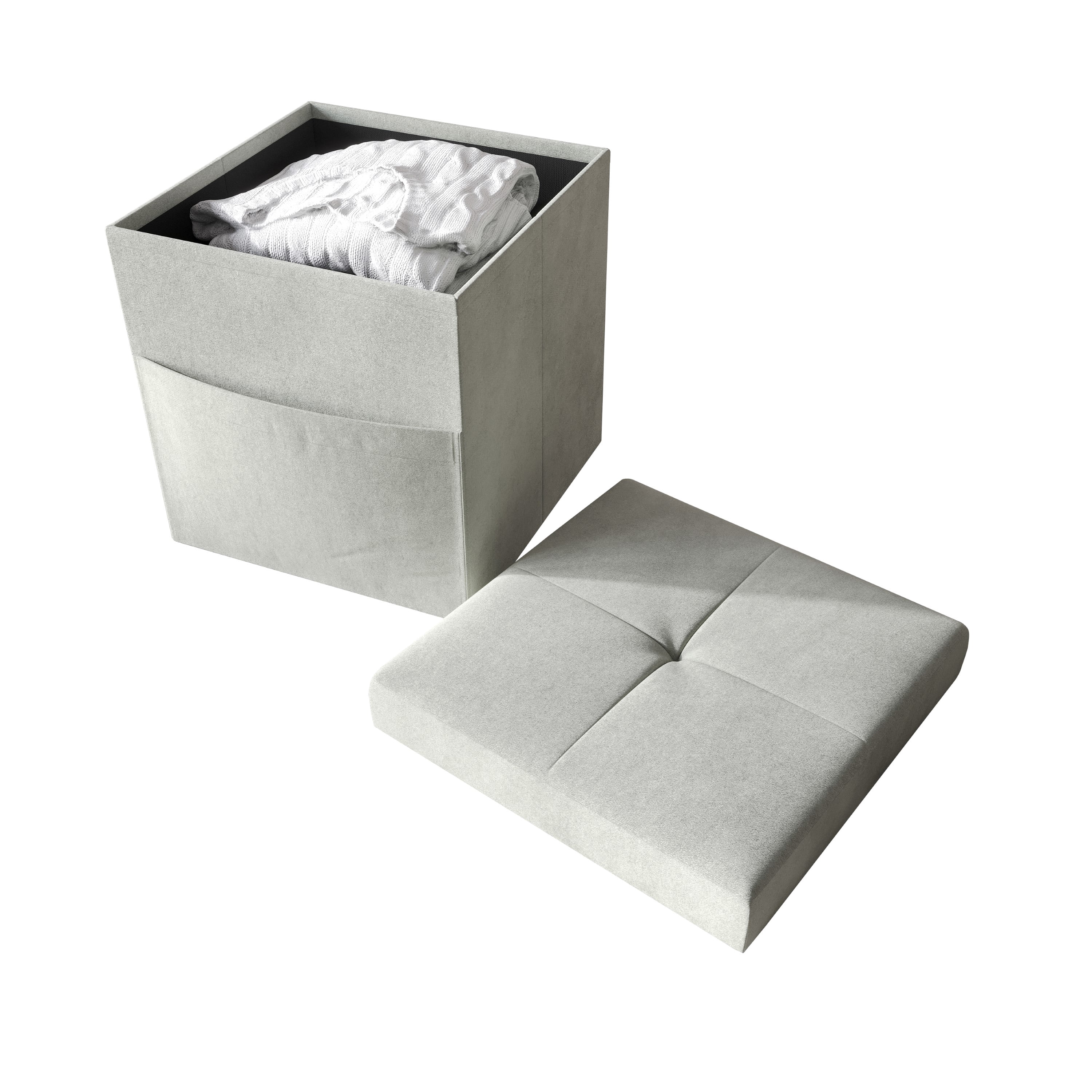 Home Design Chico 12" Tufted Upholstered Folding Storage Bench with Deep Cushion and Front Pocket, Multi-Purpose Rectangular Design for Bedroom, Entryway, or Living Room, Light Gray