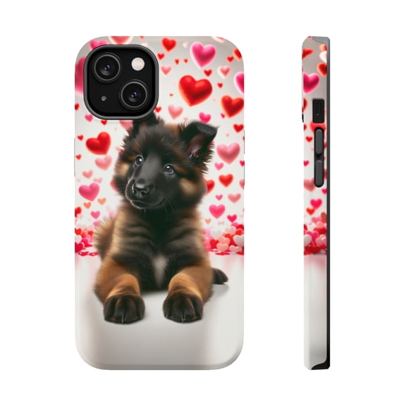 DistinctInk Tough Case for Apple iPhone 15 (6.1" Screen), Compatible with MagSafe Charging - Valentine's Day Belgian Tervuren Puppy
