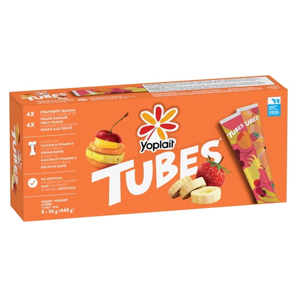 Yoplait Tubes Yogurt Strawberry-Banana Fruit Punch Flavour, Kids Snack, 8x56g