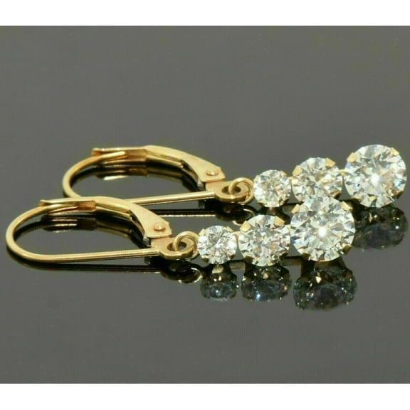 Hitanshu Jewels Round Cut Cubic Zirconia Women's 3-Stone Drop Earrings 14K Yellow Gold Plated