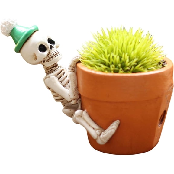 Reclining Skull Vase Planter, Horror Skeleton Pot with Drain Hole, Spooky Halloween Lawn Ornament For Backyard Flower Bed Planting, Outdoor Deck Gothic Styling, Home Indoor Holiday Tabletop