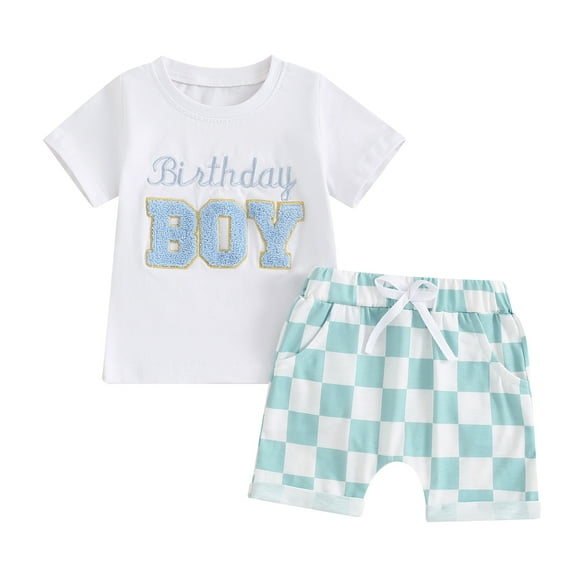 Toddler Baby Birthday Outfit Letter Embroidery Short Sleeve T-Shirt with Checkerboard Shorts 2 Pcs Set for Boy Girl