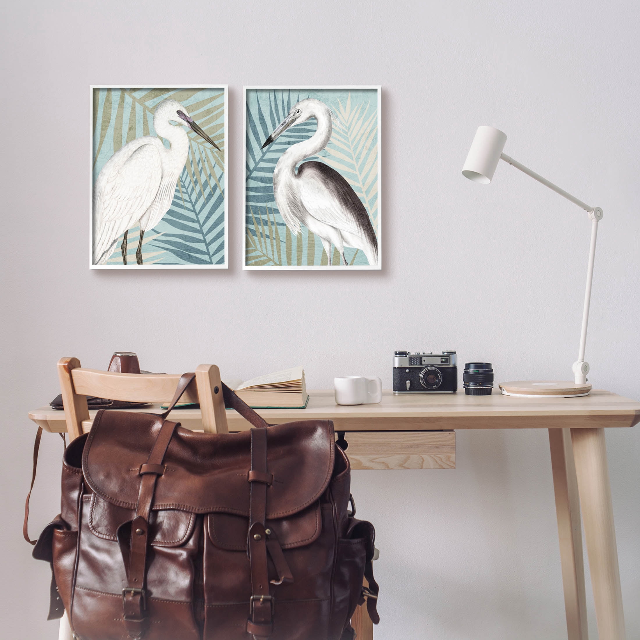 Heron Birds Layered Plant Leaves Animals & Insects Graphic Art White Framed Art Print Wall Art, Set of 2
