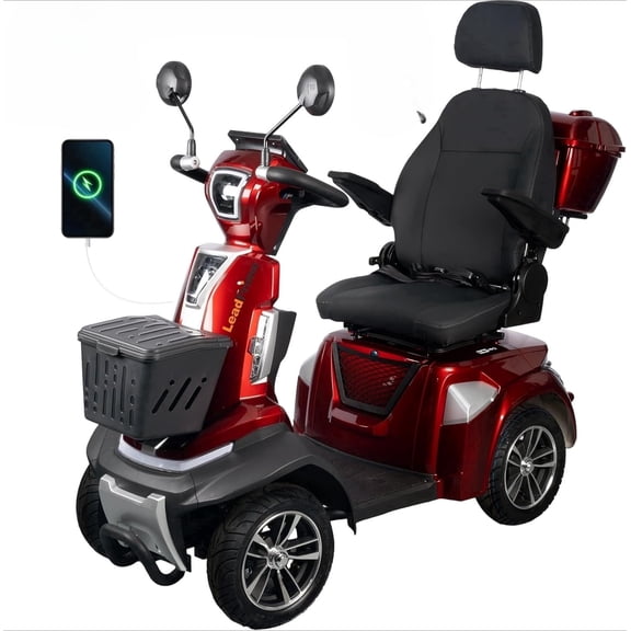 Secure All-Terrain 4-Wheel Mobility Scooter with USB Ports, Red, 500 lb Limit