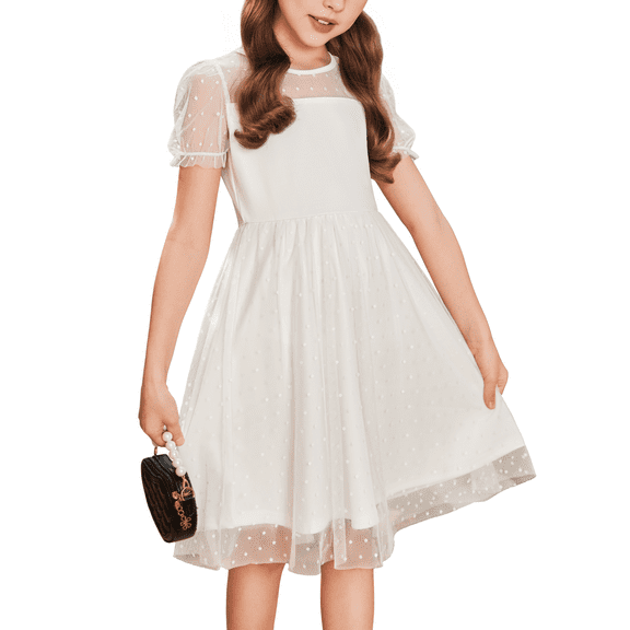 Oudiya Girls Contrast Mesh Short Sleeve Dress Puffy Casual A Line Party White Dress for Kids 3-12Y
