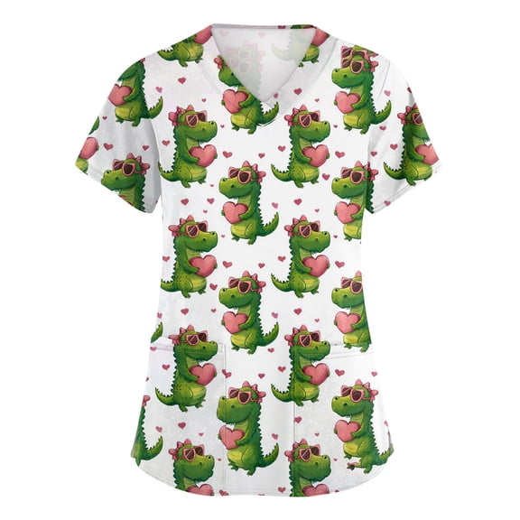 longantii Scrub Tops Women Funny Valentines Day Print V Neck Short Sleeve Shirts Stretch Anti Wrinkle Nursing Uniform Cyan M