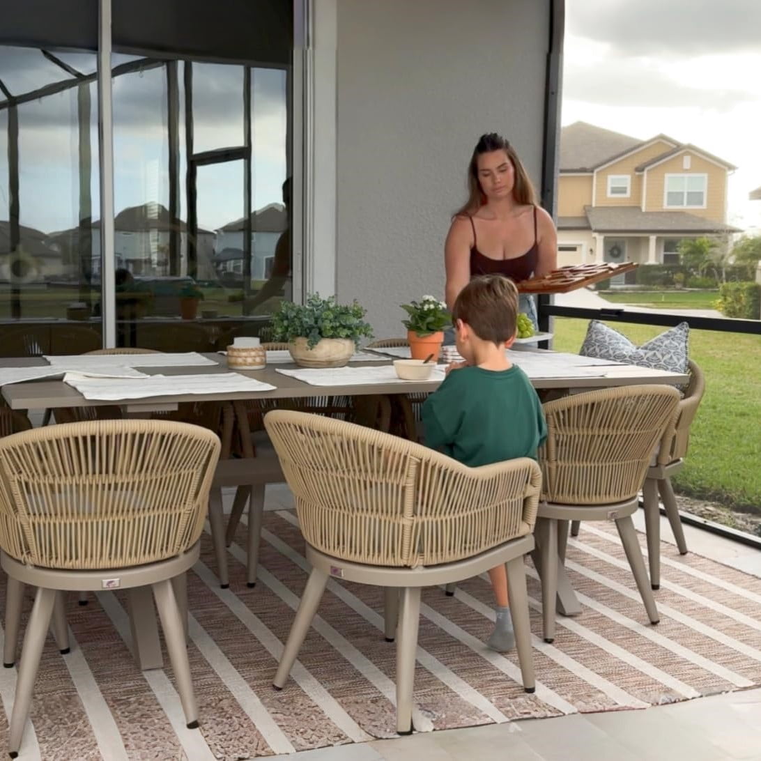 PURPLE LEAF 7 Pieces Patio Dining Set, Rectangular Aluminum Outdoor Table and 6 Wicker Chairs with Cushions for Garden Kitchen and Porch, Champagne