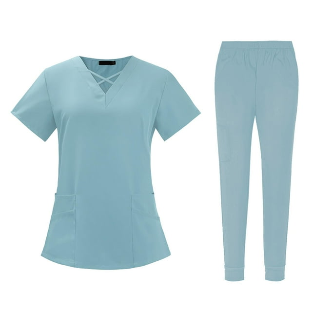 Xuanheng Ensemble de Sarrau à Col en V pour Femmes, Bleu Pâle, L
