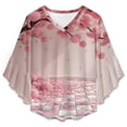 thumbnail image 4 of Pink Blossom Tree On Checkered Floor Women's V-Neck Blouse With 3/4 Ruffled Bell Sleeves Casual Top Ladies Blouses, 4 of 7