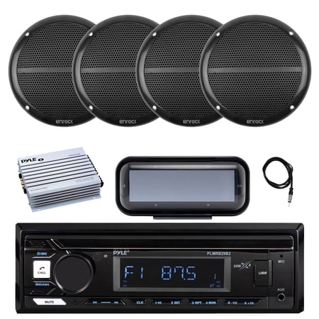 Pyle PLMRB29B2 Single DIN Marine Bluetooth MP3 Player Stereo Receiver Cover 4x 6.5 90 Watt Peak Power 2-Way Full Range Audio Speakers Amplifier Radio Antenna