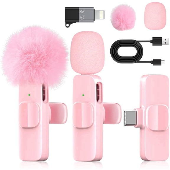 Famous Tech Shop Pink Wireless Lavalier Microphone for iPhone, Clip-on Lapel Mic with Lightning and USB-C Receiver