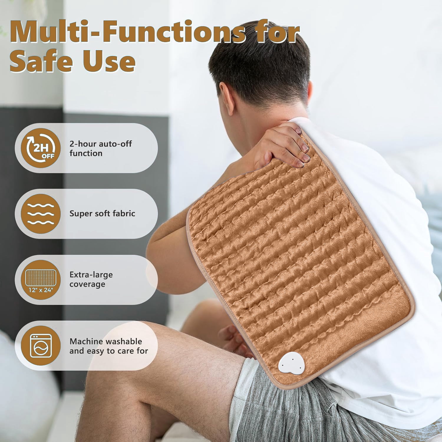 Heating Pad for Back, Neck, Abdomen, Shoulder, Knee, Dry/Moist Heat & Auto Shut off, Birthday Gifts for Men and Women, 12" x 24", Khaki ,1 Pack