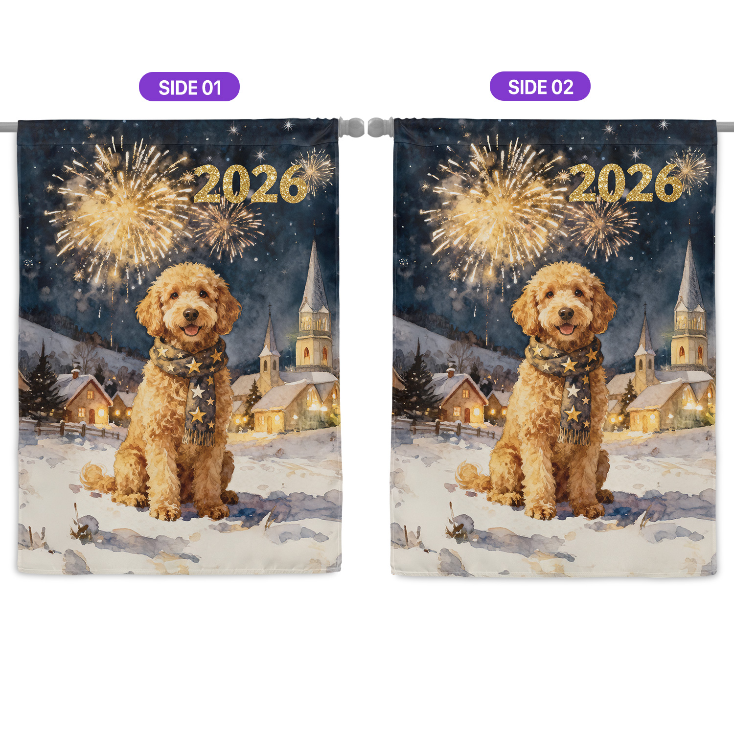 Goldendoodle Happy New Year 2026 with Fireworks on New Year's Eve House Flag 28x40in Double Sided Doodle Dog Lover Gifts Idea Outdoor Decor - 12022
