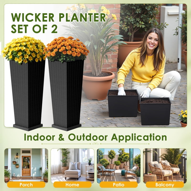 Homall 2-Pack 32" Tall Outdoor Plastic Planters with Inside Pots, Drainages and Trays, Rattan - Patterned for Patio Decor