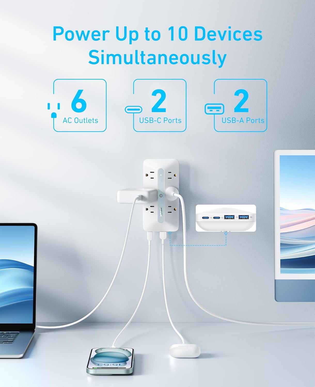 Anker Outlet Extender, Power Strip with 300J Sur Protector, 10-in-1 with 6 AC, 2 USB A, 2 USB C Ports, Wide-Spaces Outlets and 20W Fast Charging, Dorm Room Essentials
