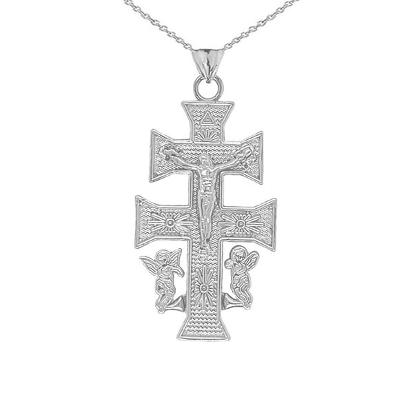 Caravaca Double Cross With Angels Crucifix Pendant Necklace, 16"