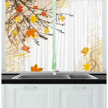 Fall Kitchen Curtains Nature Curtains 2 Panels Set, Autumn Maple Leaves Branches in Fall Earthen Tones Faded Woodland Art Print, Window Drapes for Living Room Bedroom, 55W X 39L Inches, Tan Yellow Orange, by Ambesonne ()