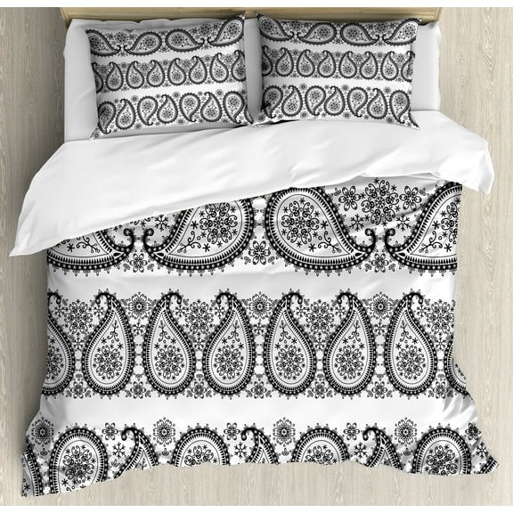 Paisley Duvet Cover Set, Winter Themed Design and Lace Like Ornaments with Flowers and Snowflakes Art, Decorative 3 Piece Bedding Set with 2 Pillow Shams, Calking Size, Black and White, by Ambesonne