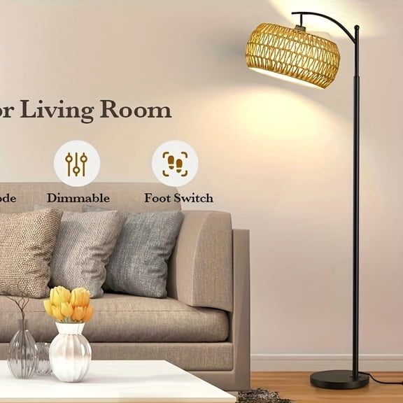 Bohemian Farmhouse Standing Floor Lamp with Remote & Dimmable LED Bulb, Adjustable Rattan & Fabric Shades, 3 Color Temperatures, Standing Arc Floor Lamp for Bedroom, Living Room, or Corner, Living