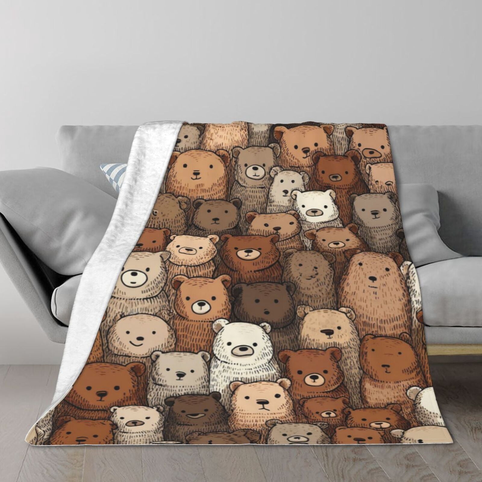 Teddy Bear Pattern Throw Blanket Cartoon Doodle Design Soft Flannel Fleece Cozy Home Accent 50x40