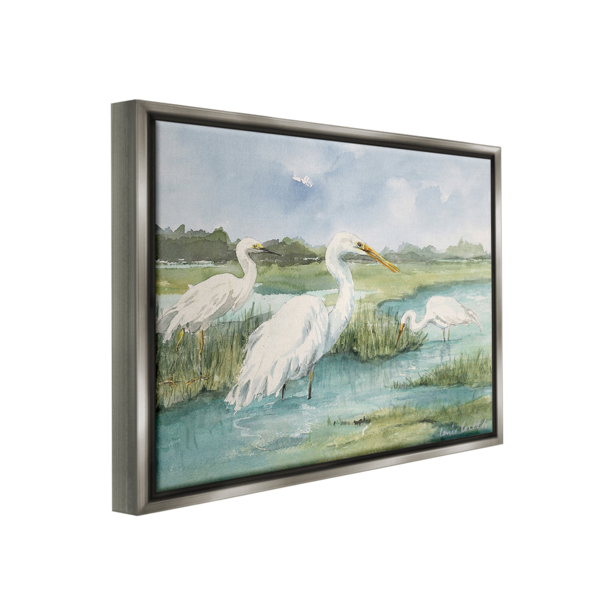 Stupell Industries Wild Egrets in Marshland Animals & Insects Painting Gray Floater Framed Canvas Art Print Wall Art, 31 x 25