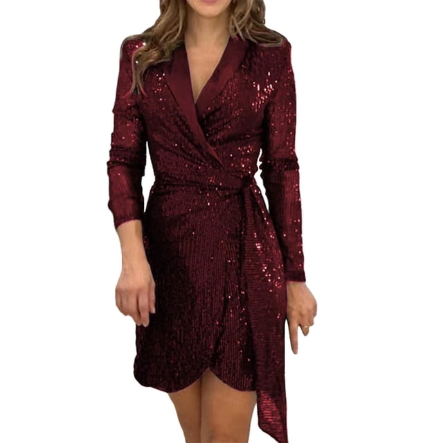 Vestido de lentejuelas Prolriy para mujer, moda de otoño e invierno, falda con cintura brillante, vestidos festivos para mujer, vestido de Nochevieja 2024, rojo L