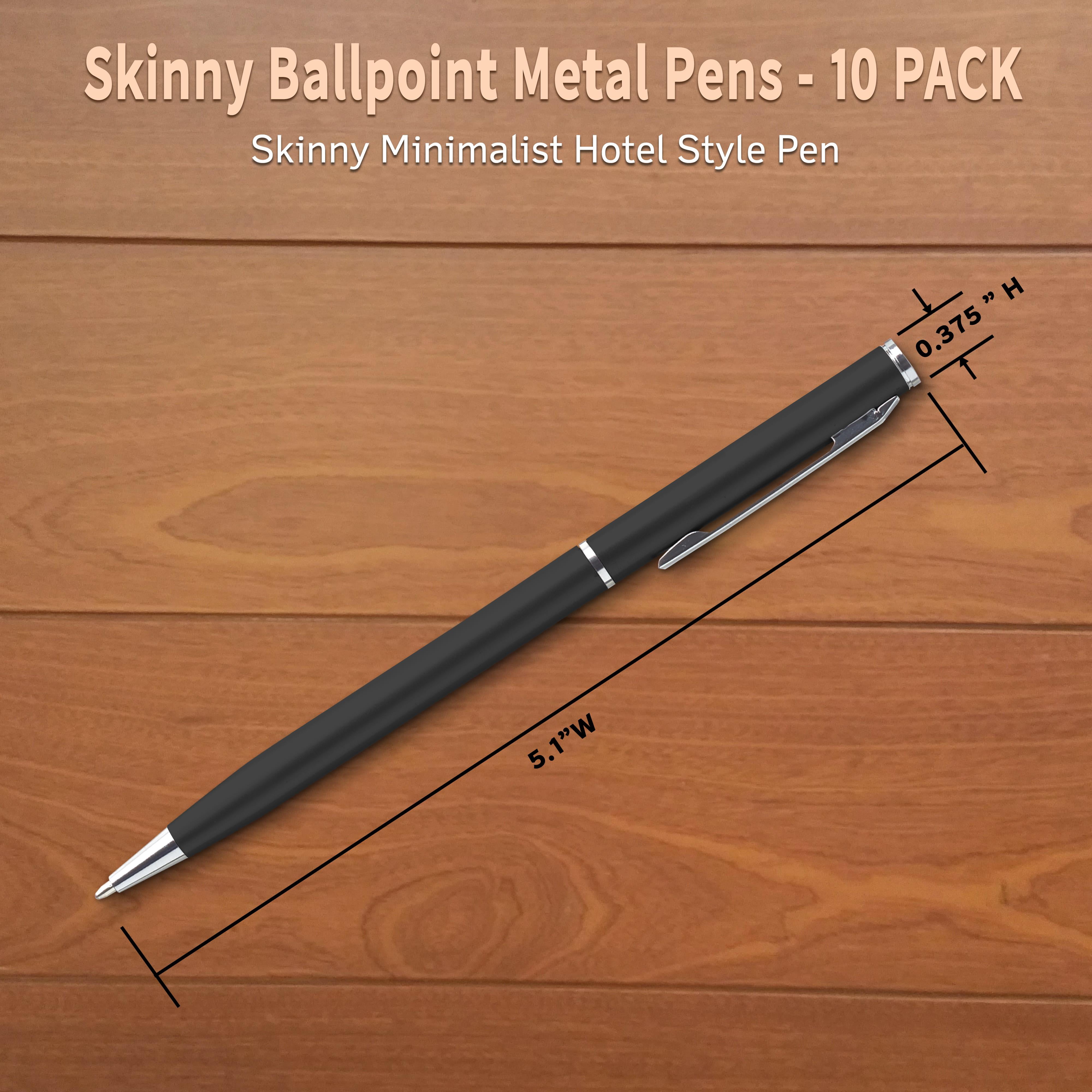 10 Skinny Ballpoint Metal Pens Pack - Sleek, Twist Off, Black Ink - Black