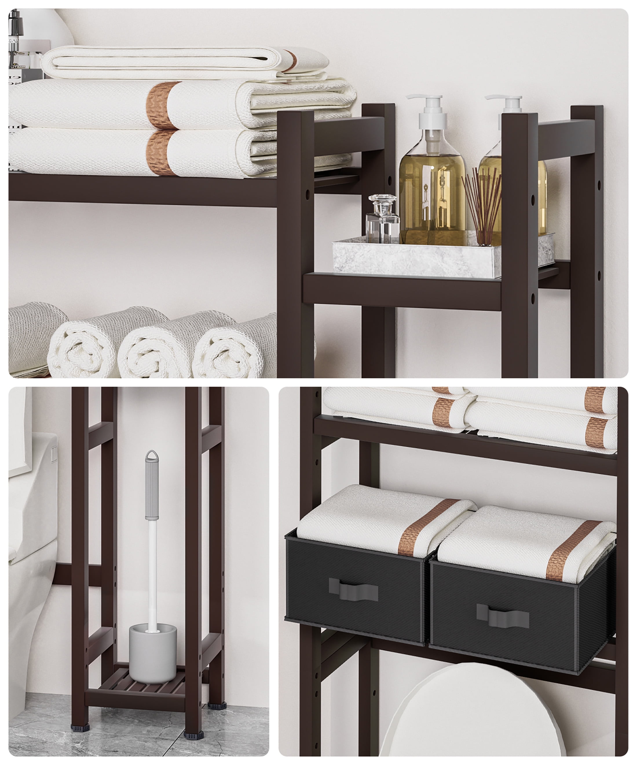 Enogets Over the Toilet Storage, Bamboo Bathroom Organizer with Adjustable Rack, Basket, Drawer & Waterproof feet