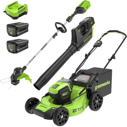 Greenworks 80V 21” Brushless (Push) Cordless Electric Lawn Mower   (500 CFM) Axial Leaf Blower   13” String Trimmer (75  Compatible Tools), (2) 2.0Ah Batteries and 30 Minute Rapid Charger