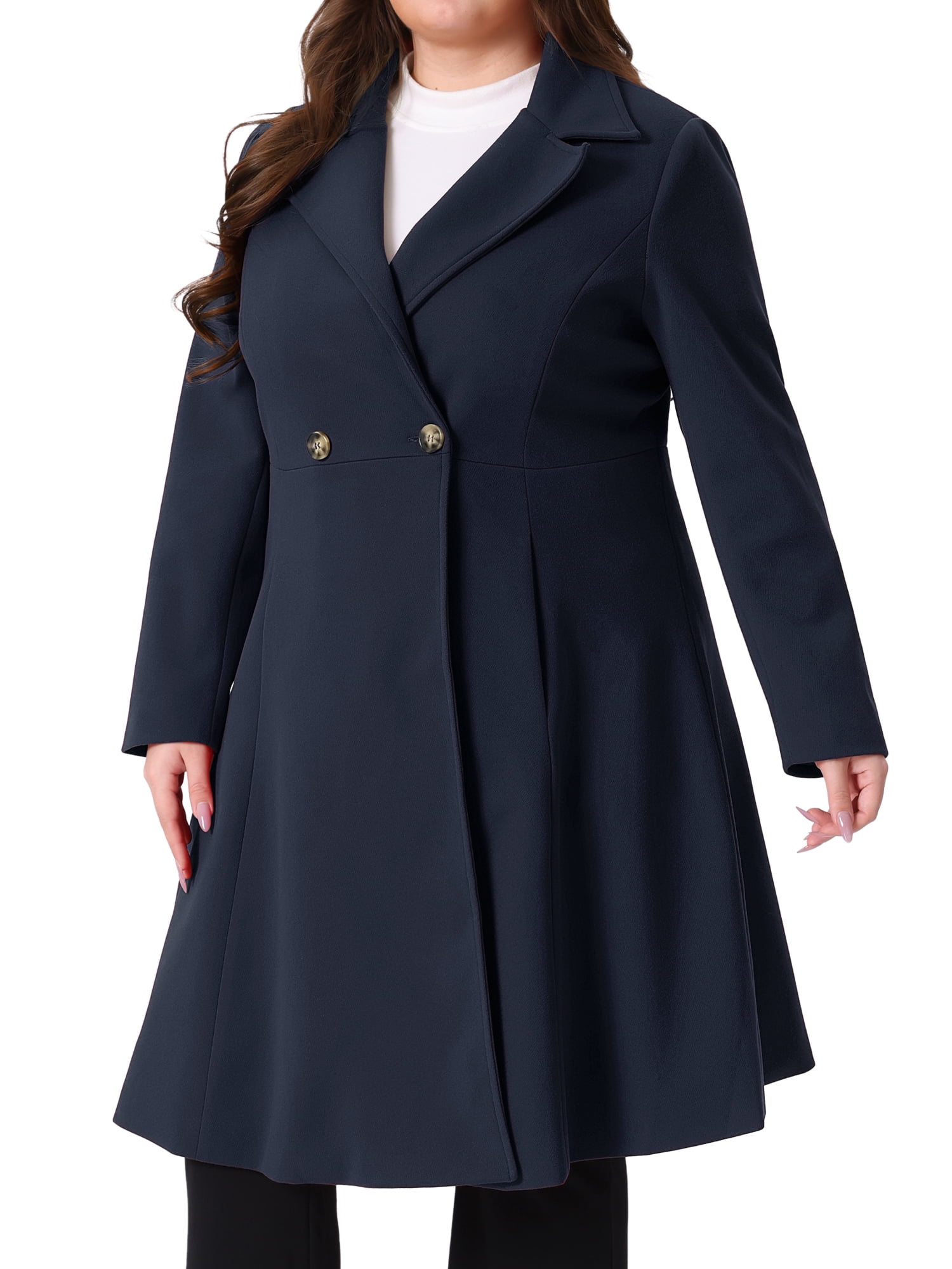 DARING DIVA Women's Plus Size Notch Lapel Double Breasted A Line Coat 2X Dark Blue