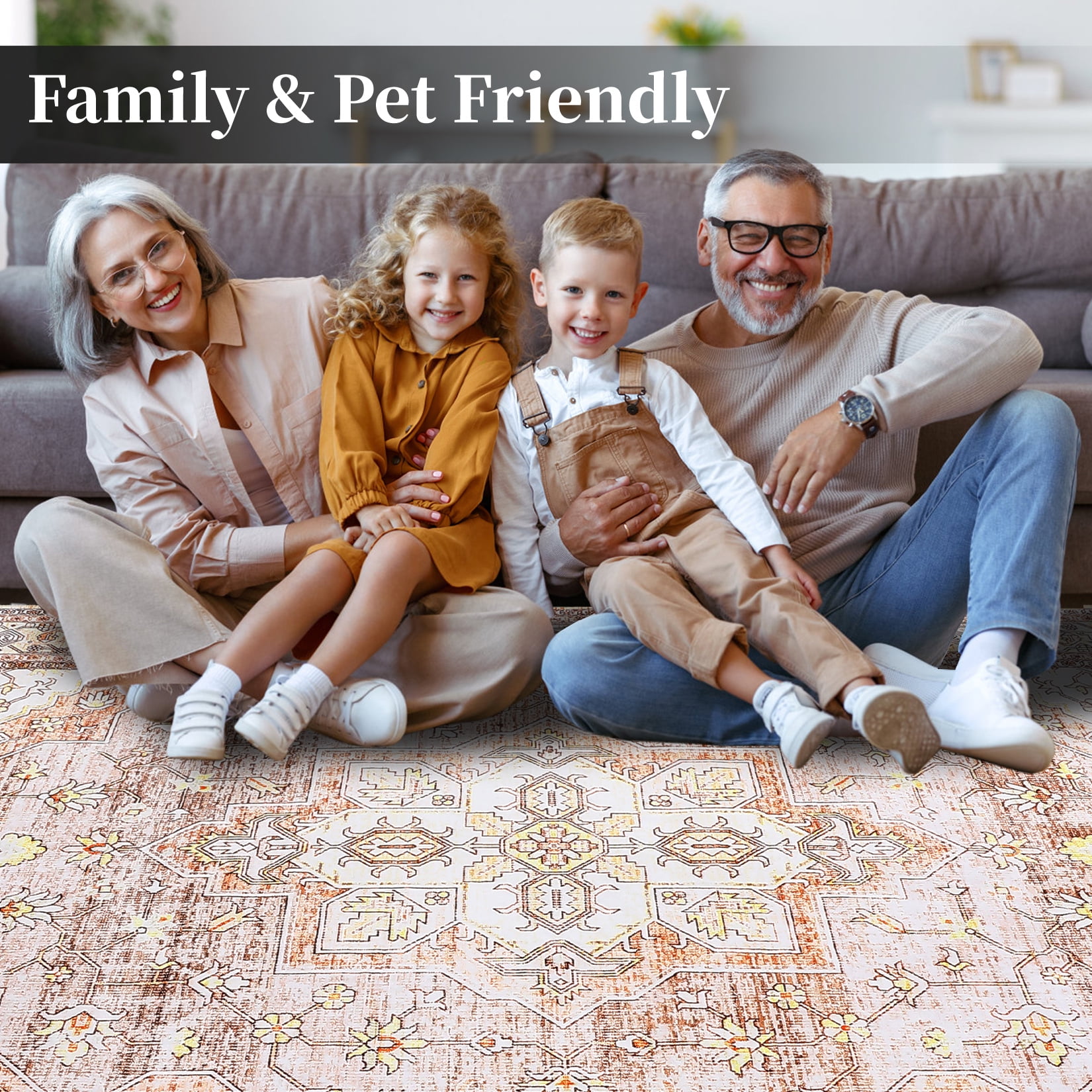 GlowSol 8'x10' Vintage Rug Washable Area Rugs Floral Printed Distressed Rug Persian Rug Non-Shedding Rug for Dining Room Home Office, Brown