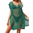 thumbnail image 3 of Franhais Women's Summer Bikini Cover-Up, Solid Color Crochet Hollow Short Sleeve V Neck Side Slit Hem Loose Dress, 3 of 9