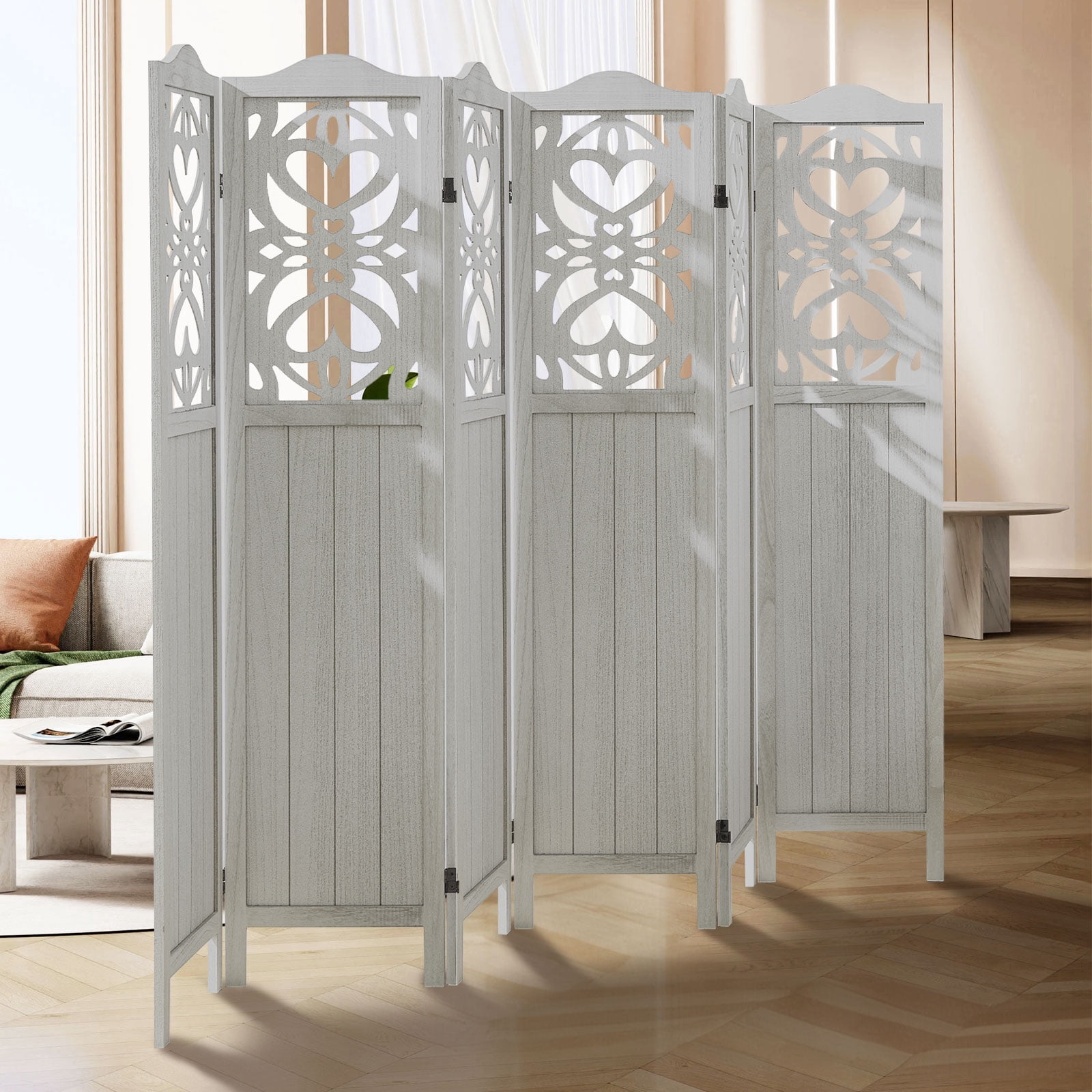 Aleesing 6 Panel Carved Room Divider, 5.6Ft Wood Fold Privace Screen, No Installation Require, White