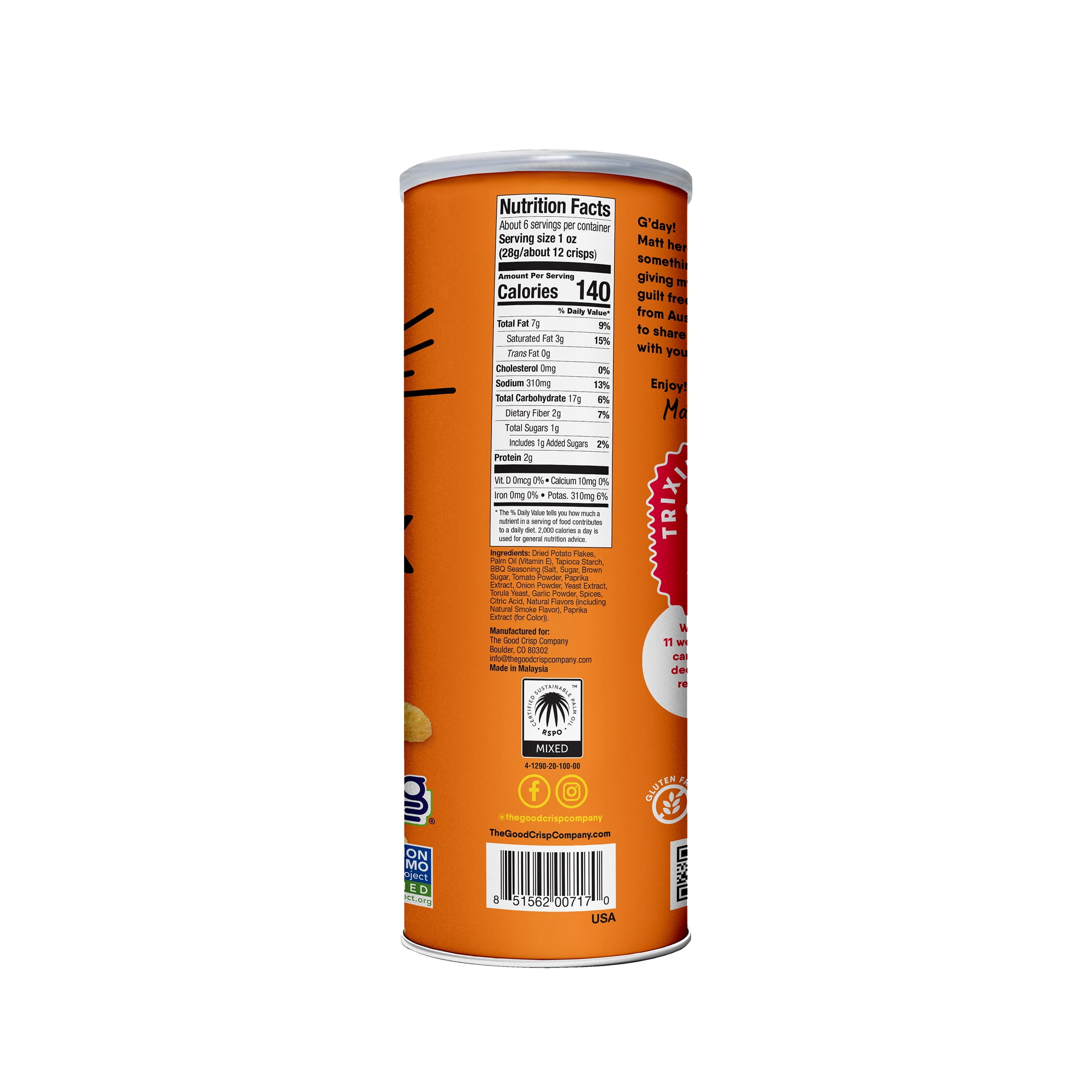 (3 pack) The Good Crisp Company Gluten Free Outback BBQ Snack Chips in Paperboard Canister, 5.6 oz