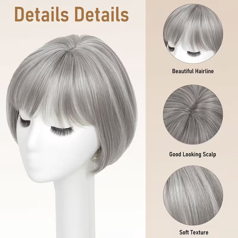 Silver gray women's short bob wig straight hair with bangs synthetic fiber hair piece suitable for thin hair