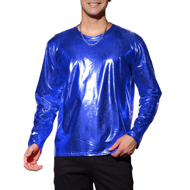 Camisetas de hombre INSPIRE CHIC de cuello redondo de manga larga brillante XL azul