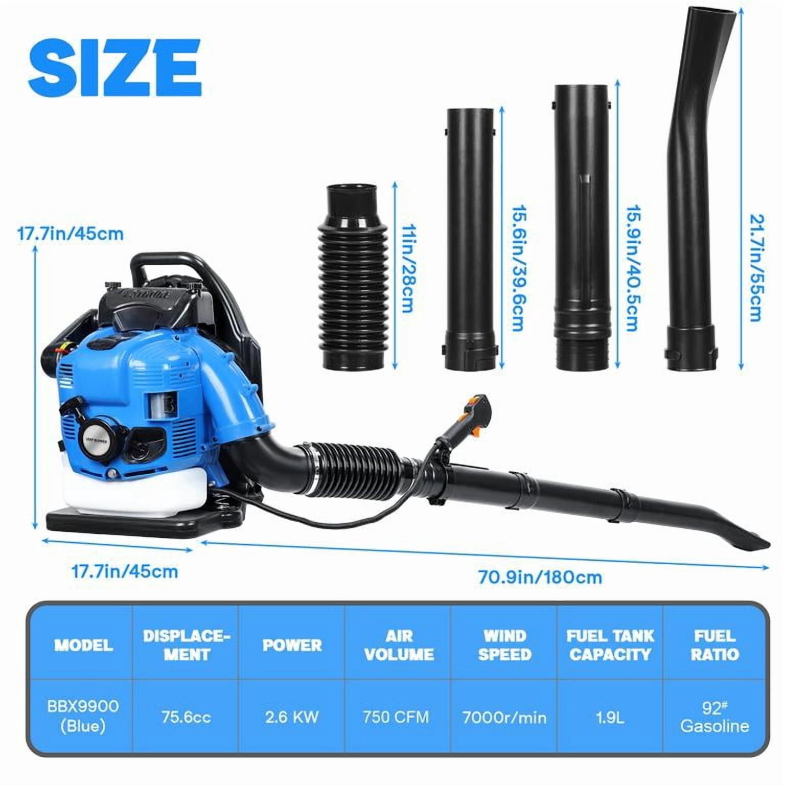 75.6CC 4-Stroke Gas Powered Backpack Leaf Blower, 750 CFM Air Volume 205 MPH Wind Speed, 2.6kw/7000r/min Engine, Ergonomic Harness with Adjustable Offset Handle & Cruise Control