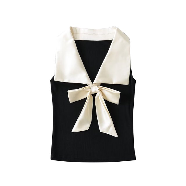 Camiseta sin mangas con lazo y retazos negros a la moda para mujer, camisetas sin mangas con cuello de solapa estilo vintage, camisetas elegantes para mujer