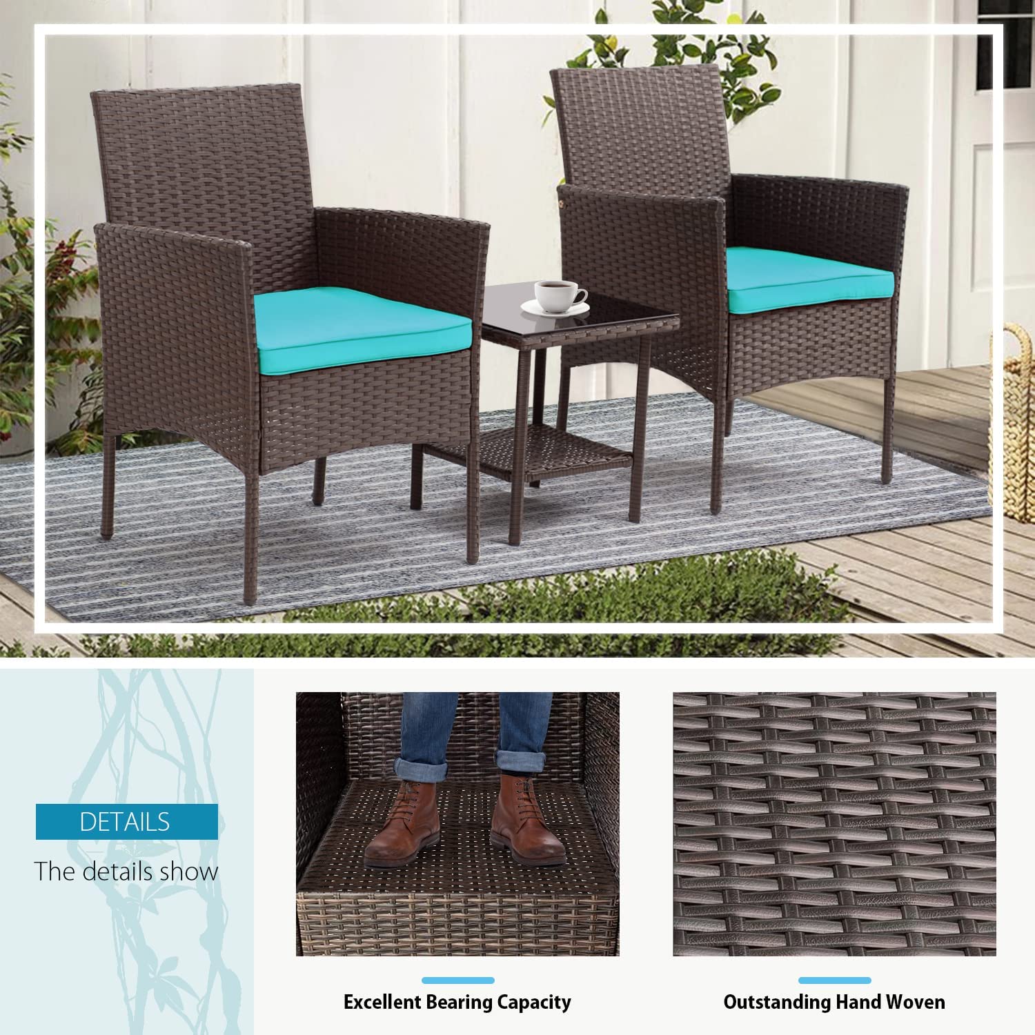 3 Piece Outdoor Furniture Set Patio Brown Wicker Chairs Furniture Bistro Conversation Set 2 Rattan Chairs with Blue Cushions and Glass Coffee Table for Porch Lawn Garden Balcony Backyard - image 3 of 7