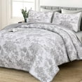 thumbnail image 2 of 3 Pieces Grey Botanical Bedspread Full Size Grey Toile Plants Pattern Quilt Set for All Seasons, 2 of 6