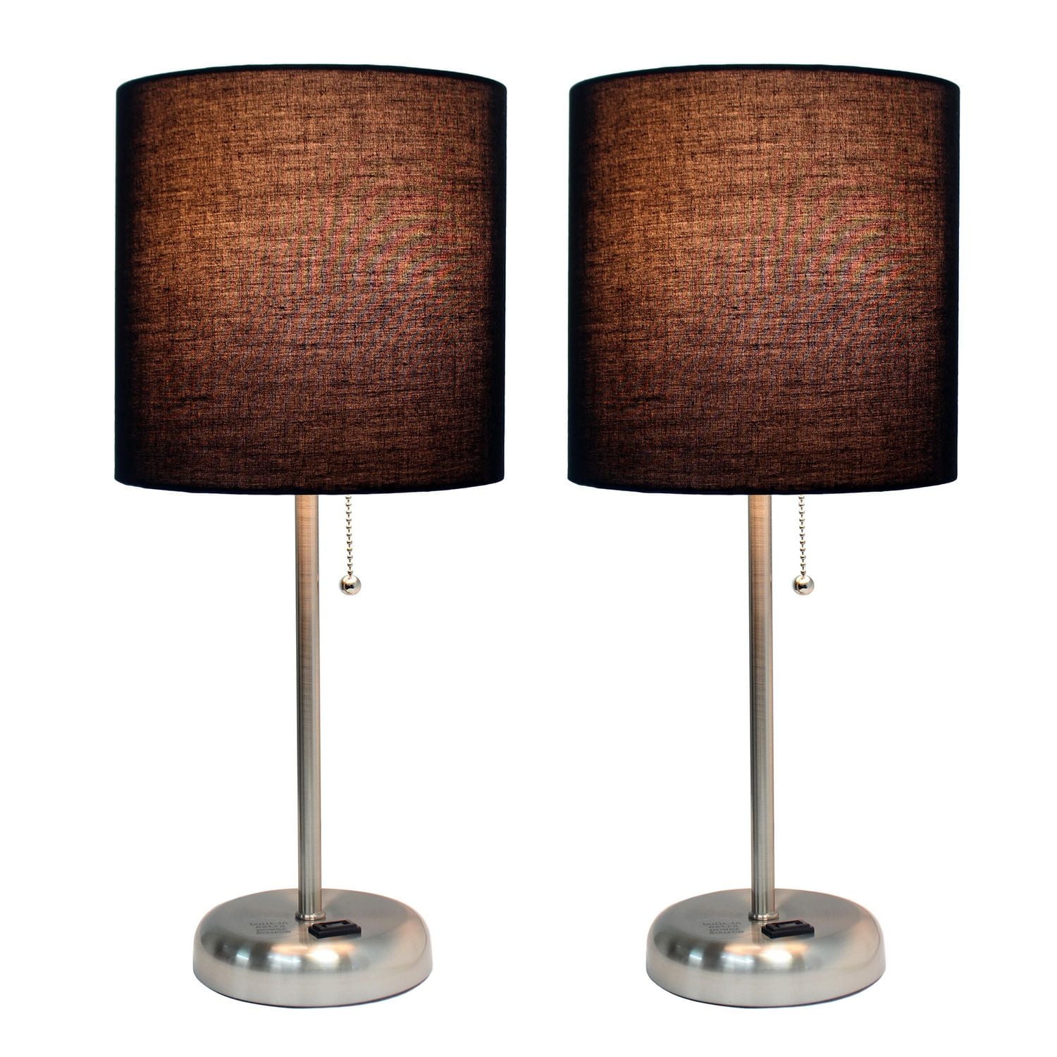 LimeLights Brushed Steel Stick Lamp with Charging Outlet and Fabric Shade 2 Pack Set