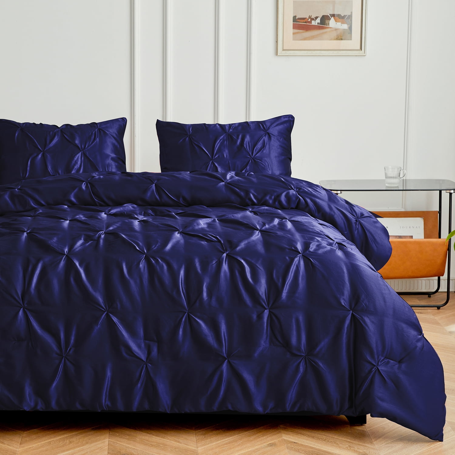 MR&HM Satin Comforter Queen Set 3pcs, Pintuck Beddding Sets with