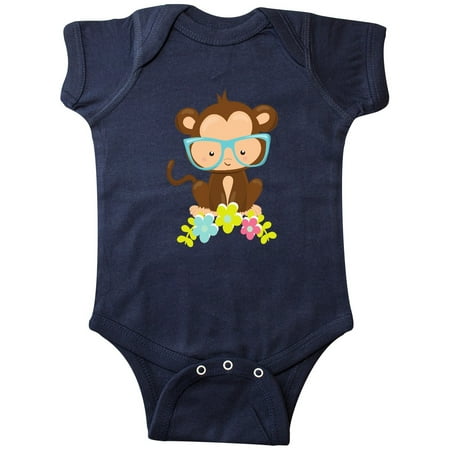 

Inktastic Cute Monkey With Eyeglasses Colorful Flowers Gift Baby Boy or Baby Girl Bodysuit